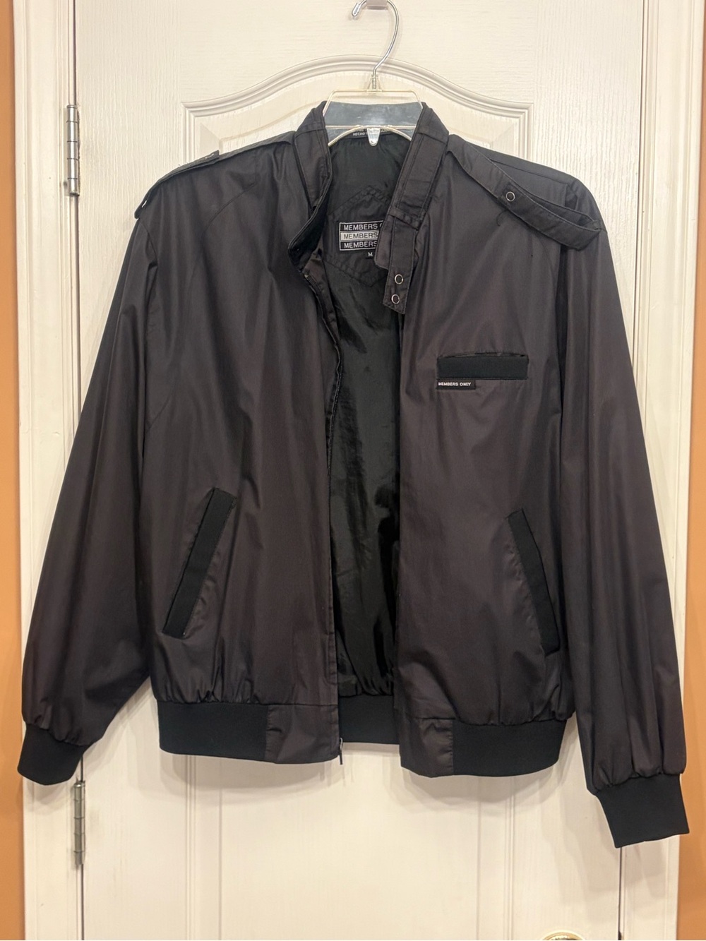 Members Only Black Satin Bomber Jacket with Epaulets